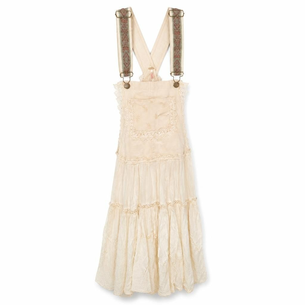 Cream Boho Lace Tiered Dungaree Dress - pre-loved at Why Go Less, Lebanon