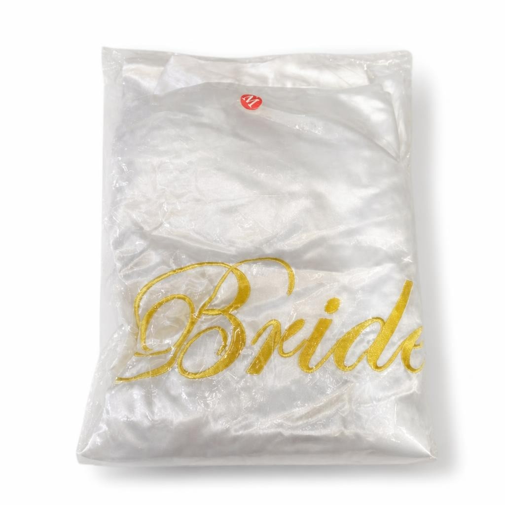 Bride Satin Robe, White with Gold Script, Size S - pre-loved at Why Go Less, Lebanon