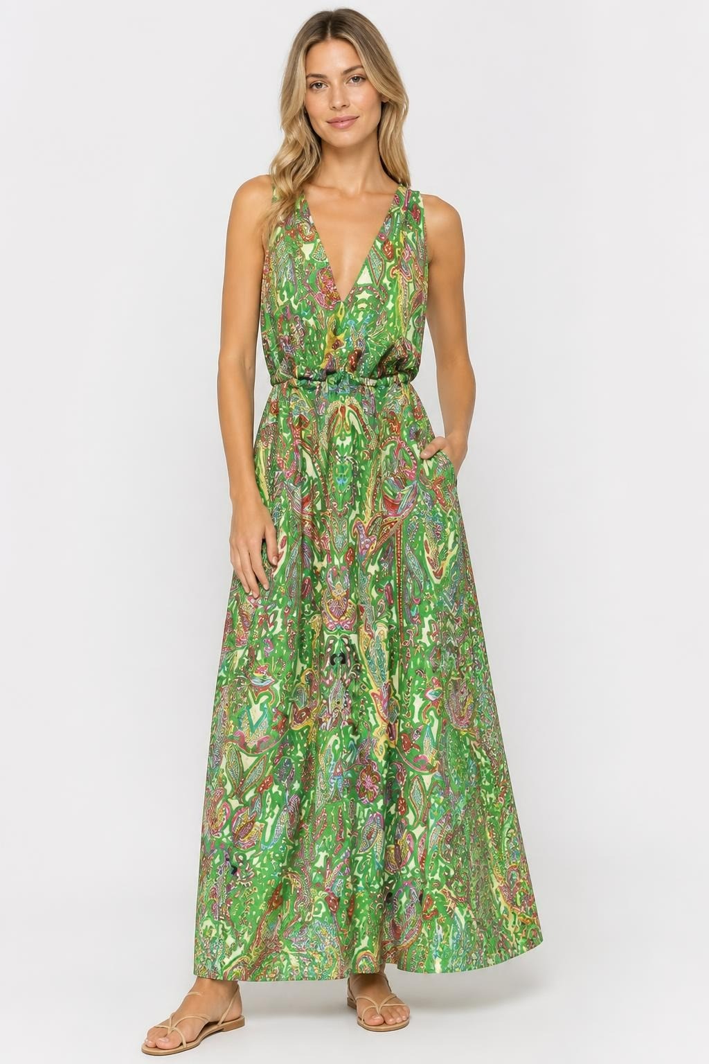 Tropical Print Halter Neck Maxi Dress, Green Pink - pre-loved at Why Go Less, Lebanon