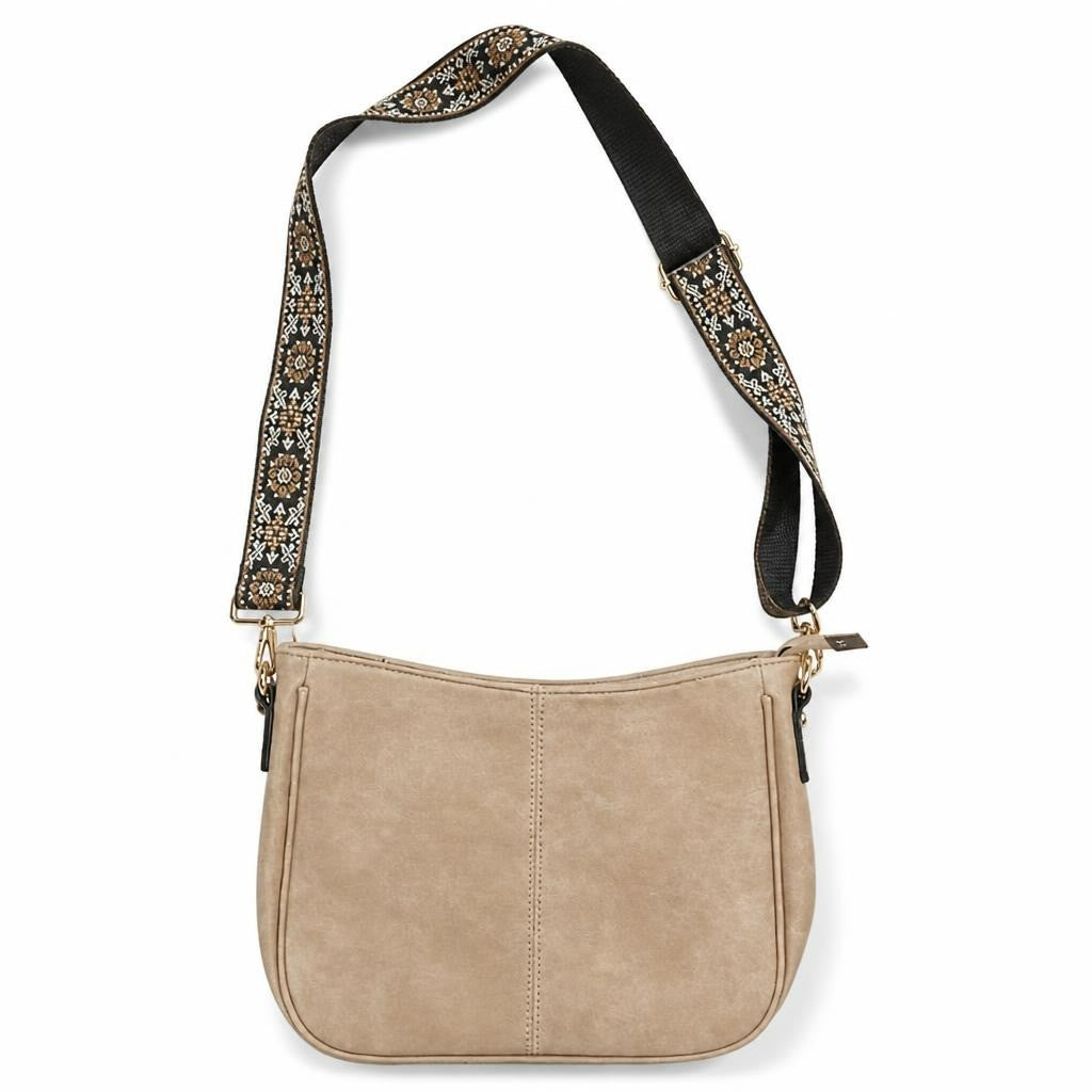 Beige Crossbody Bag with Boho Patterned Strap - pre-loved at Why Go Less, Lebanon