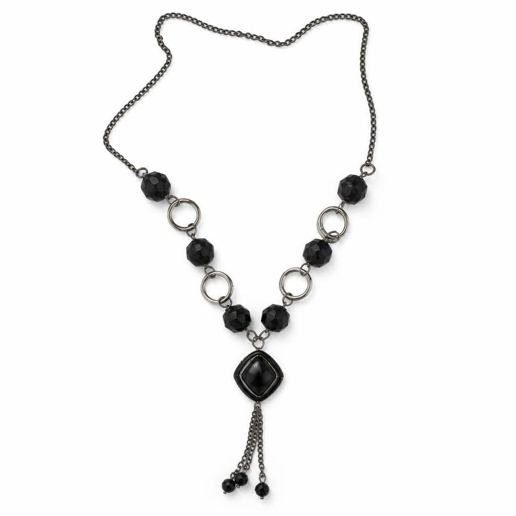 Black Faceted Bead & Silver Ring Chain Lariat Necklace - pre-loved at Why Go Less, Lebanon