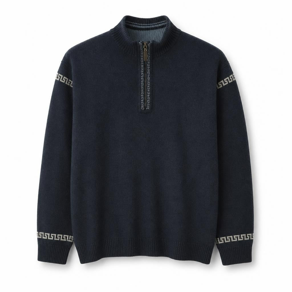 Navy Half-zip Knit Sweater with Greek Key Trim - pre-loved at Why Go Less, Lebanon