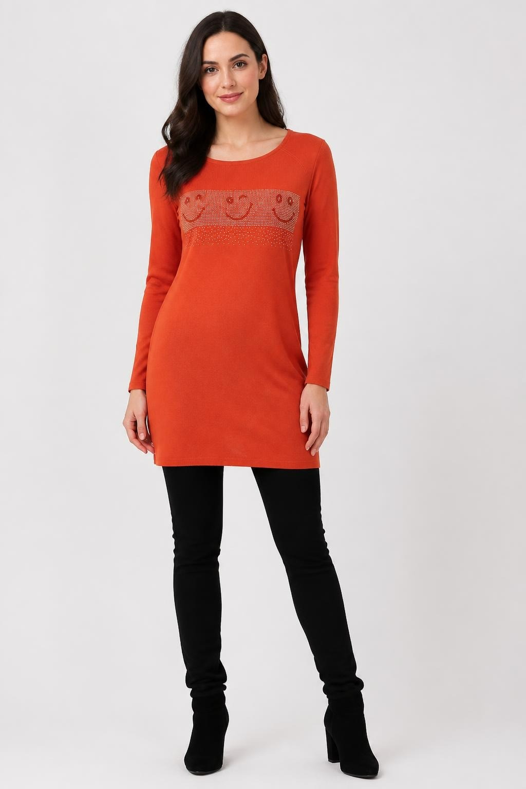 Orange Smiley-face Rhinestone Long-sleeve Dress - pre-loved at Why Go Less, Lebanon