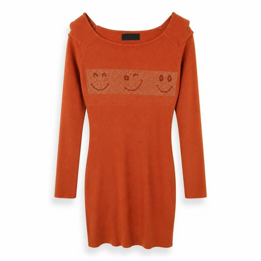 Orange Smiley-face Rhinestone Long-sleeve Dress - pre-loved at Why Go Less, Lebanon