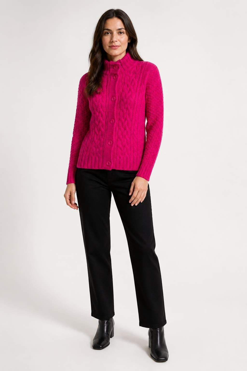 Fuchsia Cable-knit Button Cardigan Sweater - pre-loved at Why Go Less, Lebanon