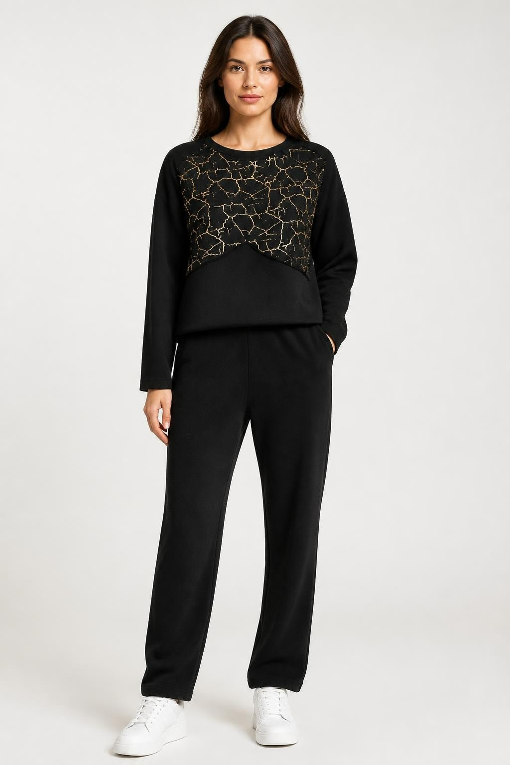 Black Crop Top Gold Crackle Print Mesh Sleeves - pre-loved at Why Go Less, Lebanon