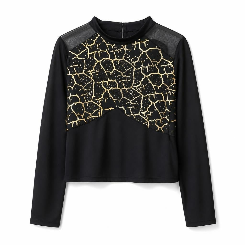 Black Crop Top Gold Crackle Print Mesh Sleeves - pre-loved at Why Go Less, Lebanon