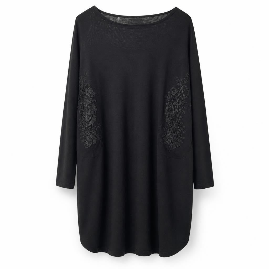 Eben Black Longline Tunic Lace Embroidery Detail - pre-loved at Why Go Less, Lebanon