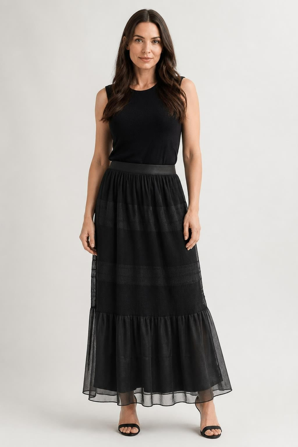 Black Tiered Mesh Organza Midi Skirt Elastic Waist - pre-loved at Why Go Less, Lebanon