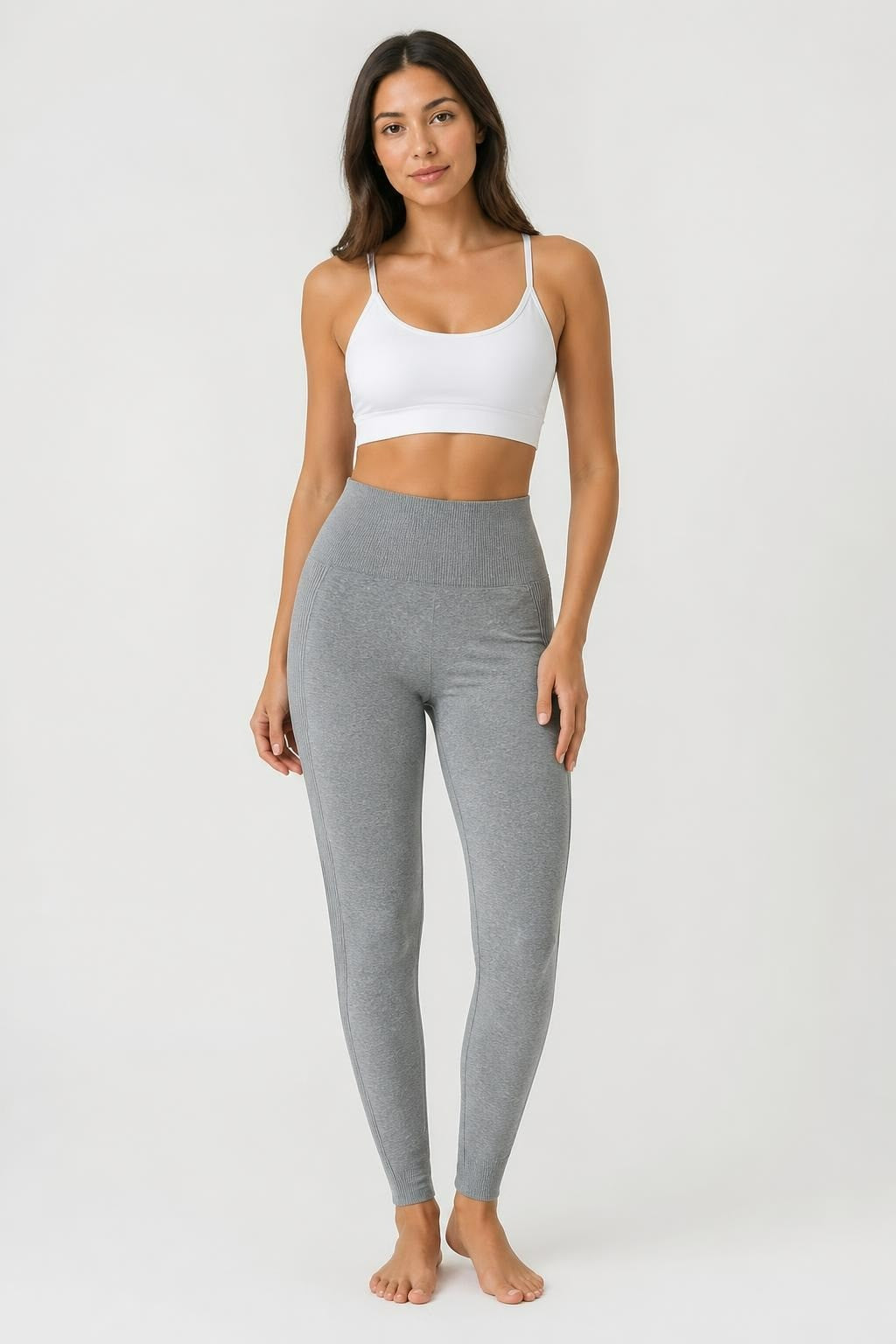 Grey High-waist Ribbed Cropped Leggings - pre-loved at Why Go Less, Lebanon