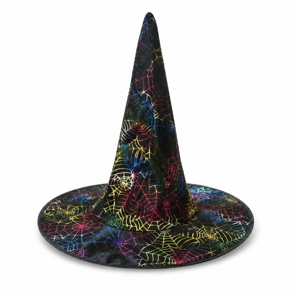 Black Halloween Witch Hat, Colorful Spider Web Print - pre-loved at Why Go Less, Lebanon
