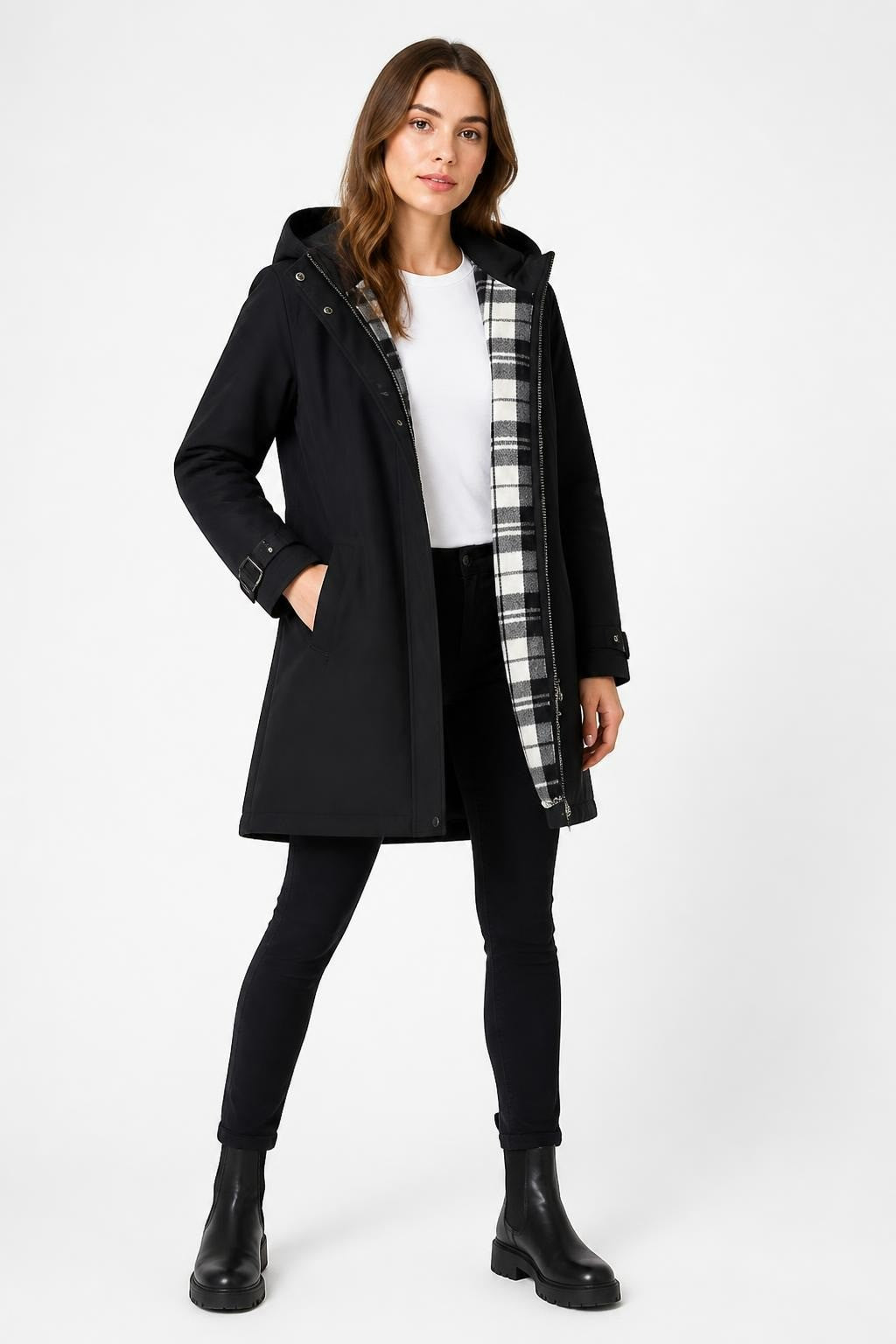 Black Long Coat Plaid Flannel Lining Snap Buttons - pre-loved at Why Go Less, Lebanon