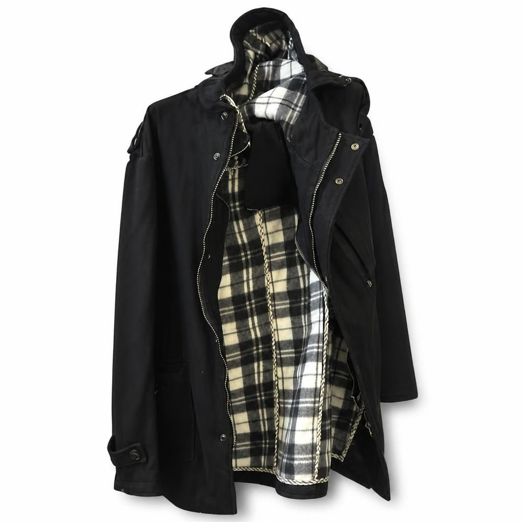 Black Long Coat Plaid Flannel Lining Snap Buttons - pre-loved at Why Go Less, Lebanon