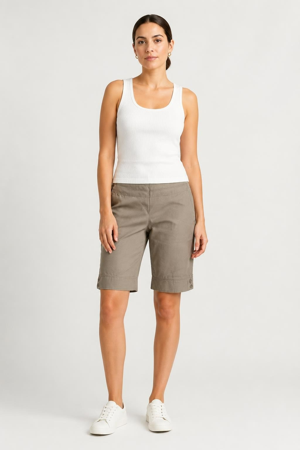 Khaki Knee-length Shorts, Side Button Detail - pre-loved at Why Go Less, Lebanon