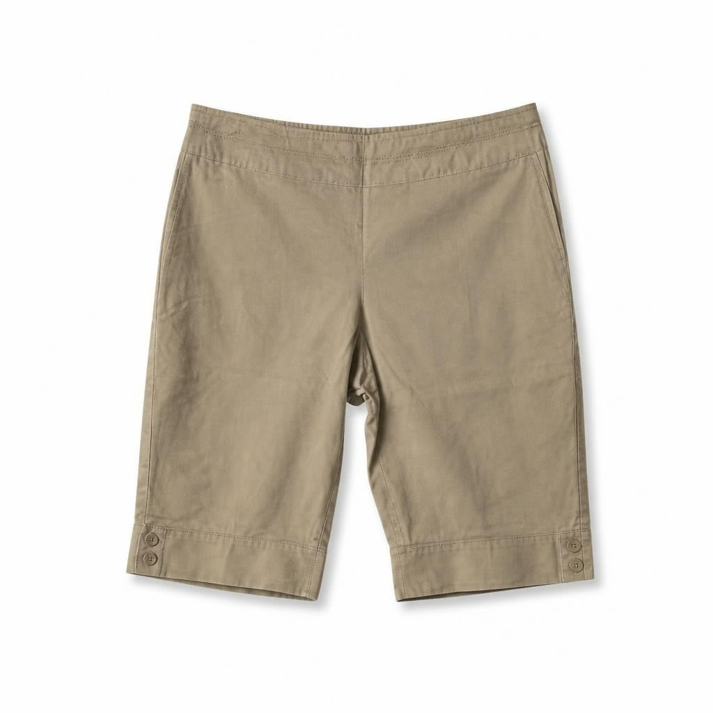 Khaki Knee-length Shorts, Side Button Detail - pre-loved at Why Go Less, Lebanon