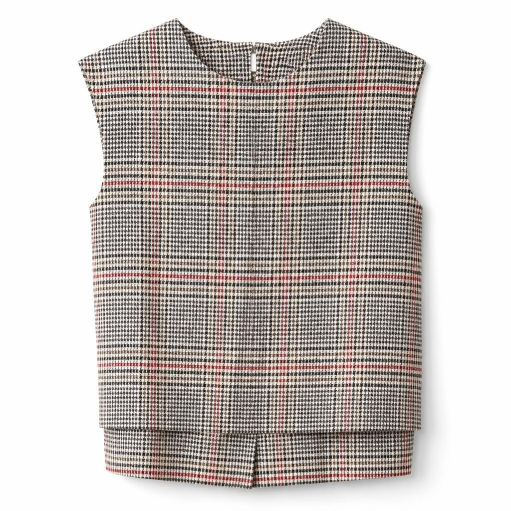 Houndstooth Plaid Sleeveless Blouse, Beige Multicolor - pre-loved at Why Go Less, Lebanon