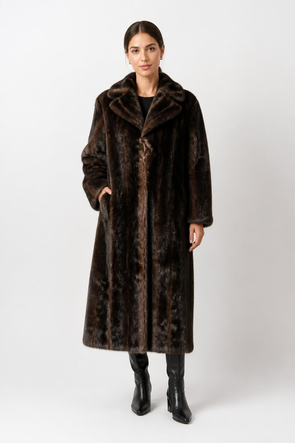 Long Dark Brown Faux Fur Coat - pre-loved at Why Go Less, Lebanon