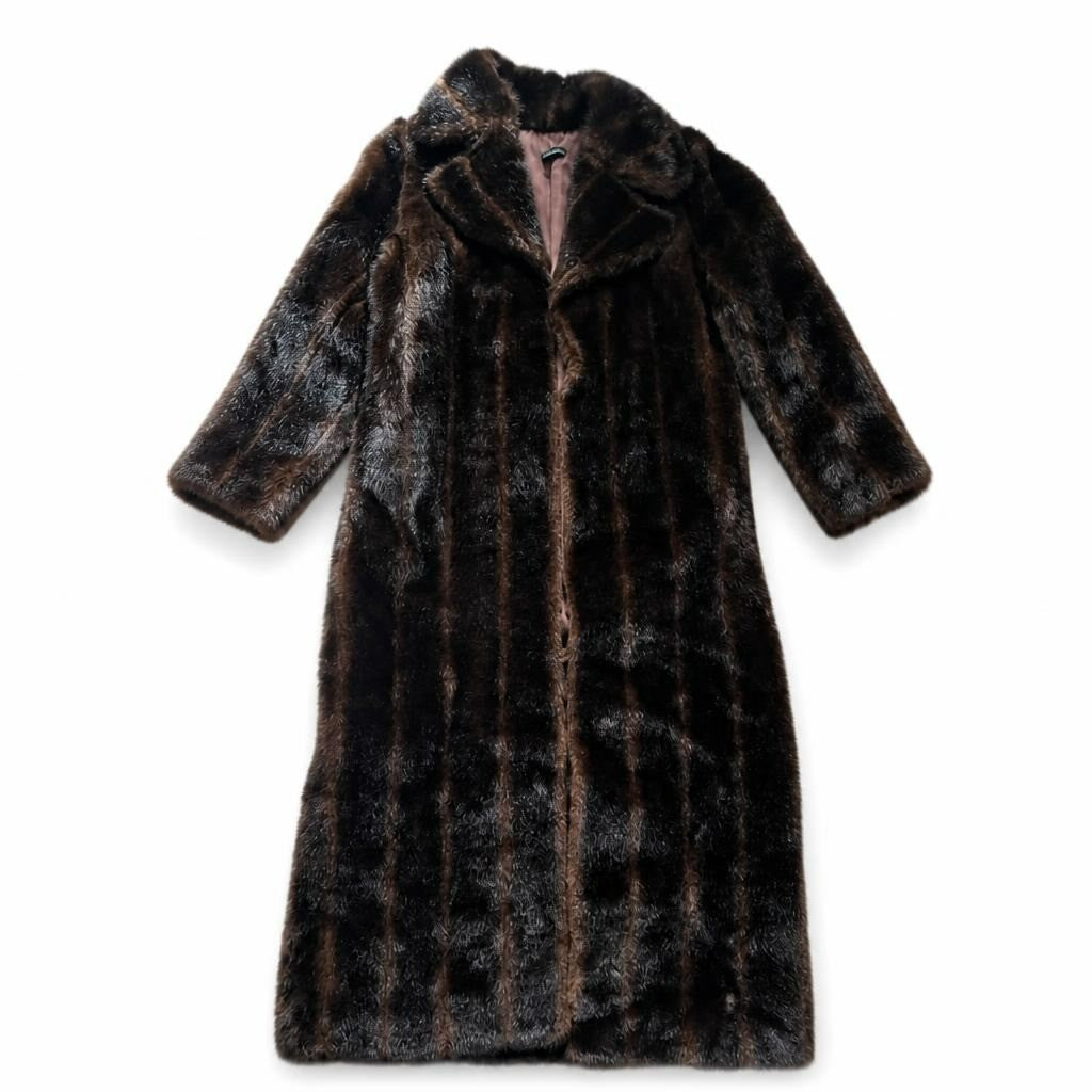 Long Dark Brown Faux Fur Coat - pre-loved at Why Go Less, Lebanon