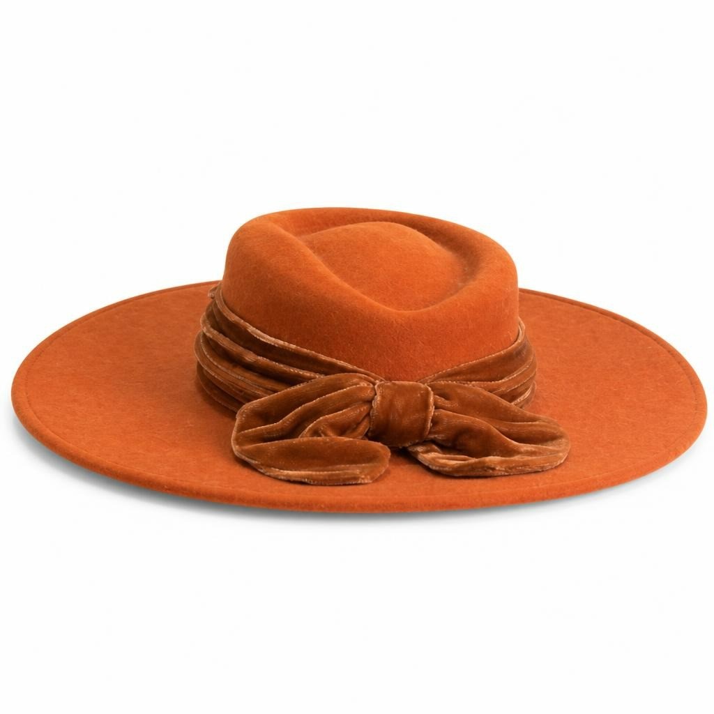 Rust Orange Wide-brim Felt Hat with Bow - pre-loved at Why Go Less, Lebanon