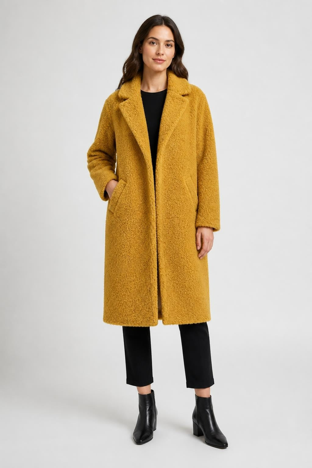 Lela NYC Mustard Teddy Bouclé Long Coat - pre-loved at Why Go Less, Lebanon