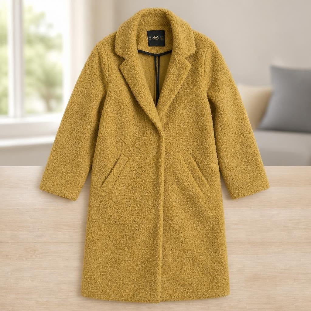 Lela NYC Mustard Teddy Bouclé Long Coat - pre-loved at Why Go Less, Lebanon