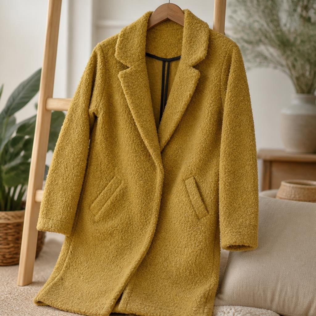 Lela NYC Mustard Teddy Bouclé Long Coat - pre-loved at Why Go Less, Lebanon