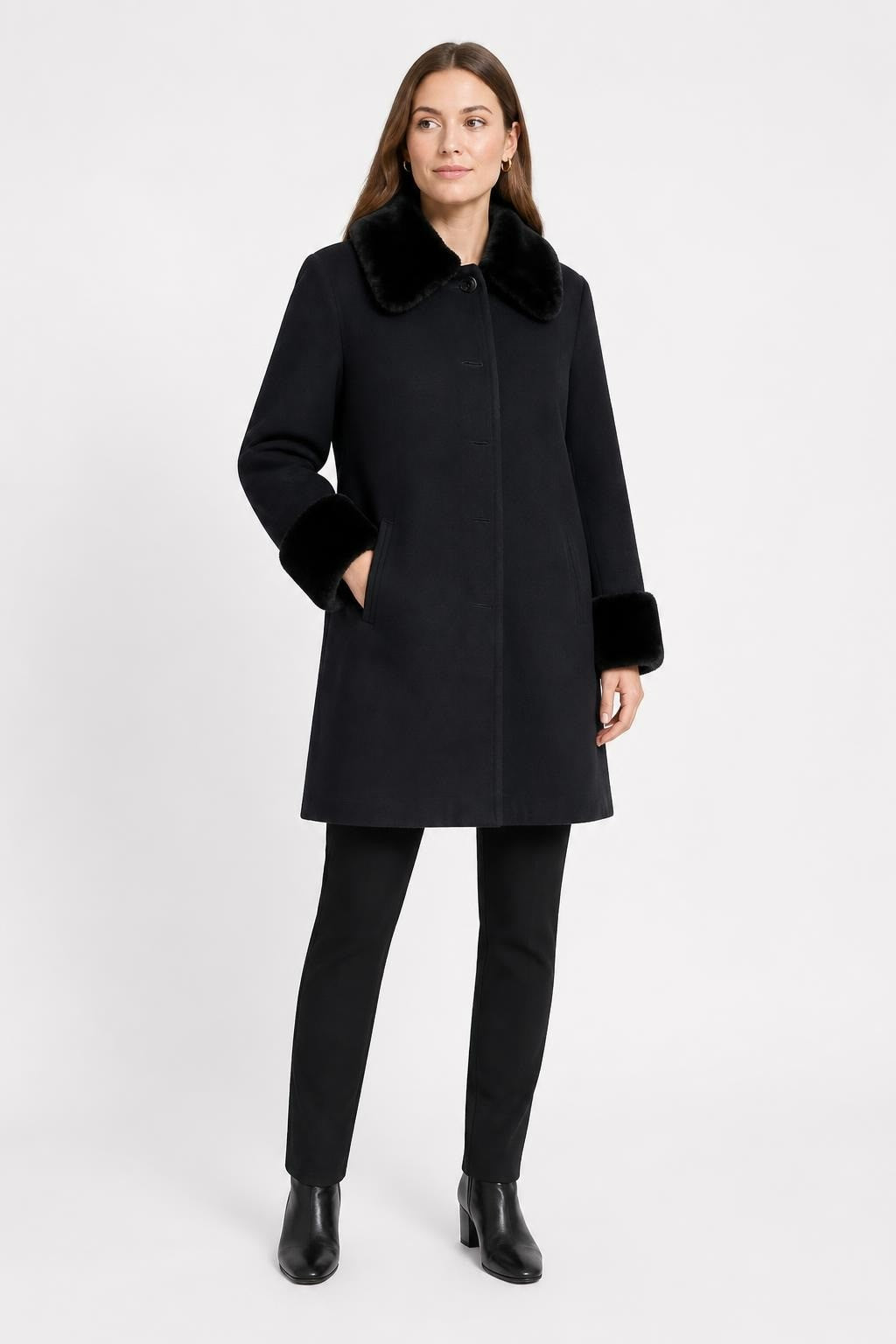 Black Wool Coat Faux Fur Collar & Cuffs - pre-loved at Why Go Less, Lebanon