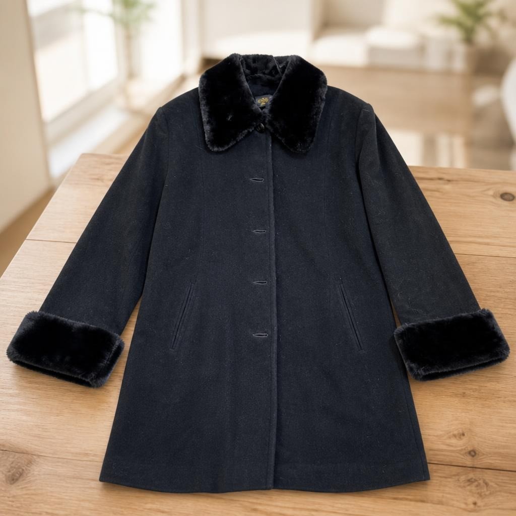 Black Wool Coat Faux Fur Collar & Cuffs - pre-loved at Why Go Less, Lebanon