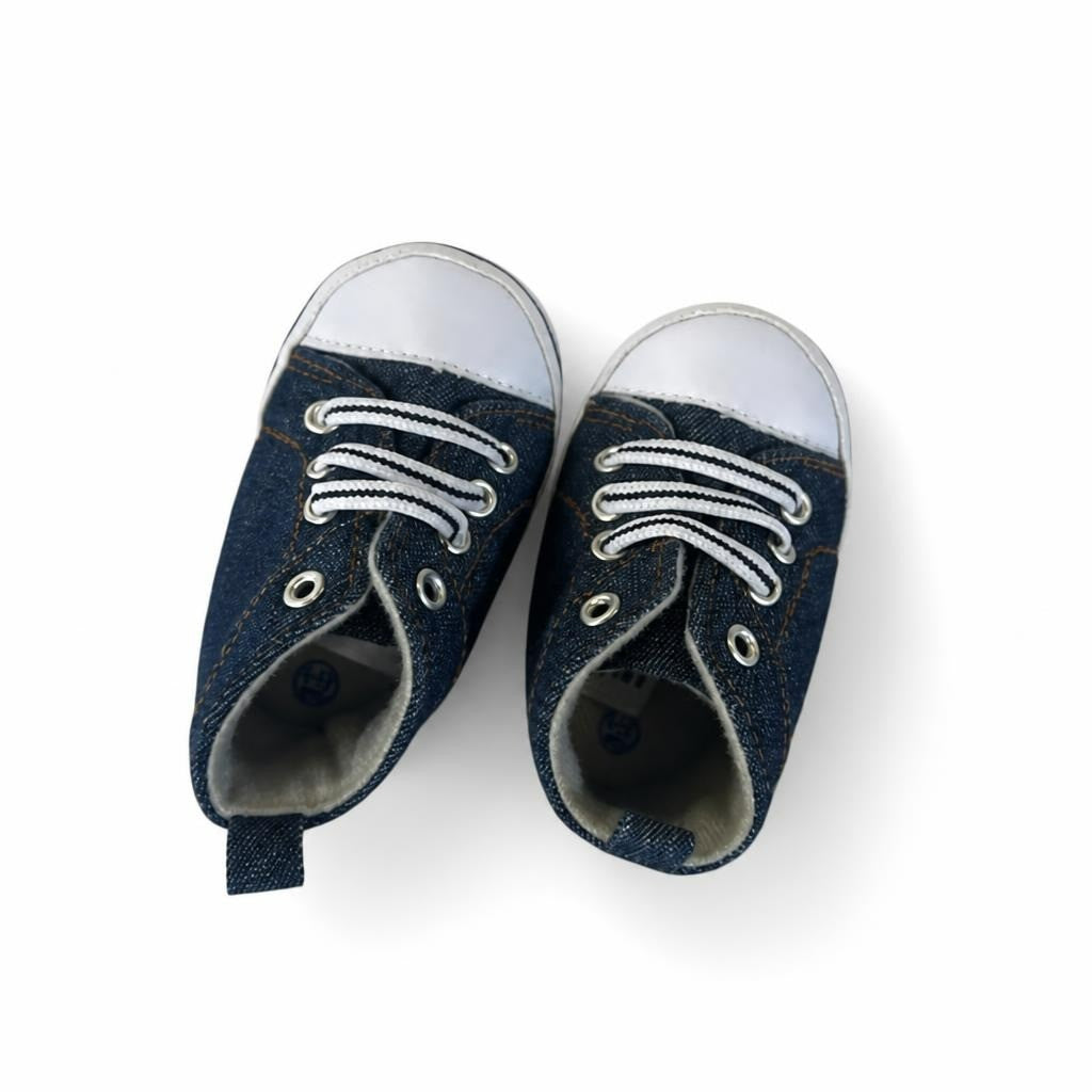 Baby Denim Sneakers, Blue White Laces - pre-loved at Why Go Less, Lebanon