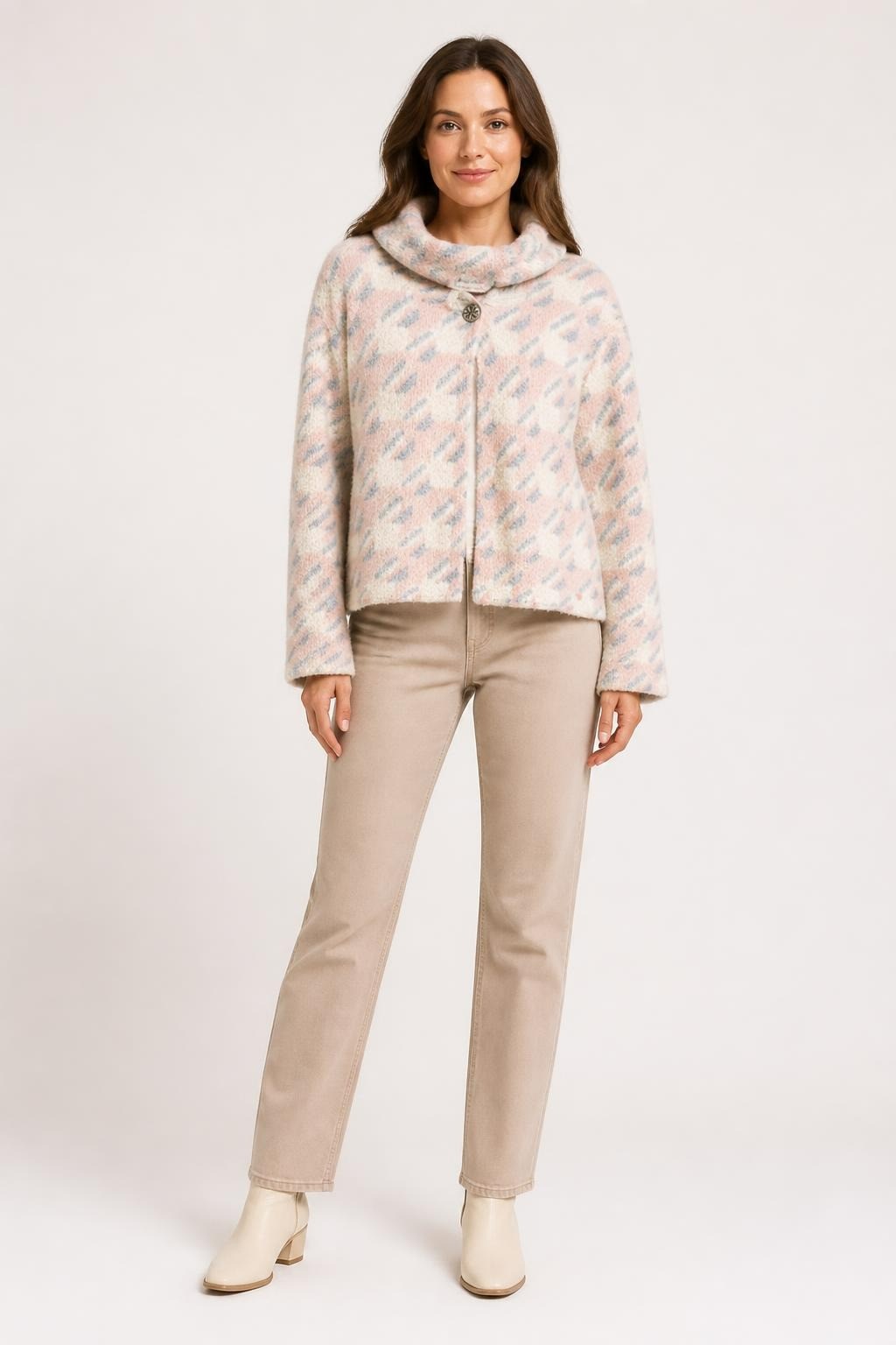 Patterned Knit Cardigan, Pink/blue/cream, One Button - pre-loved at Why Go Less, Lebanon