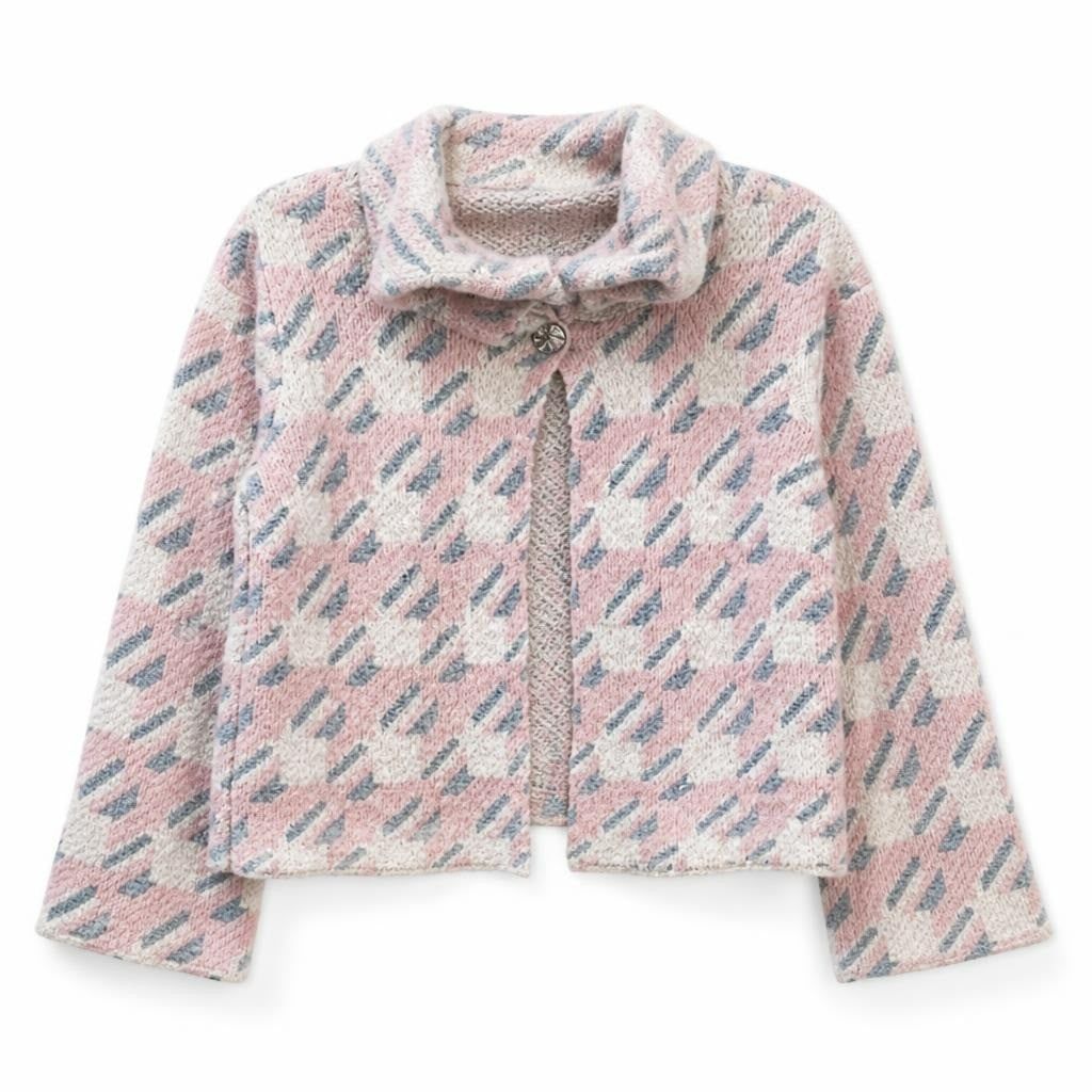 Patterned Knit Cardigan, Pink/blue/cream, One Button - pre-loved at Why Go Less, Lebanon