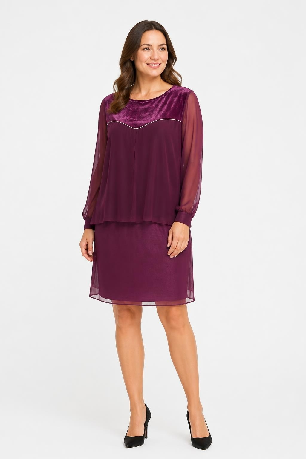 Burgundy Velvet & Sheer Layered Dress, New W/tags - pre-loved at Why Go Less, Lebanon