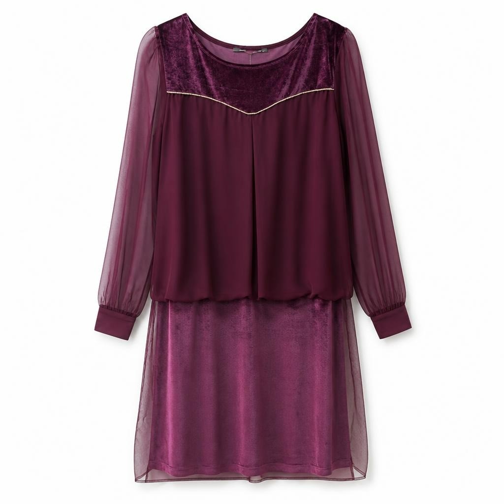 Burgundy Velvet & Sheer Layered Dress, New W/tags - pre-loved at Why Go Less, Lebanon