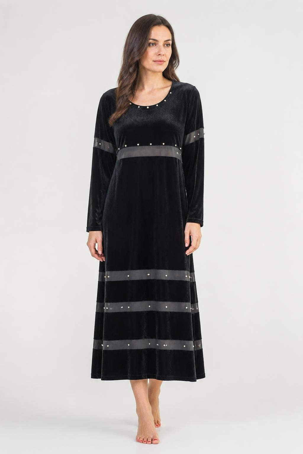 Black Velvet Pearl-trim Long Dress, New W/tags - pre-loved at Why Go Less, Lebanon