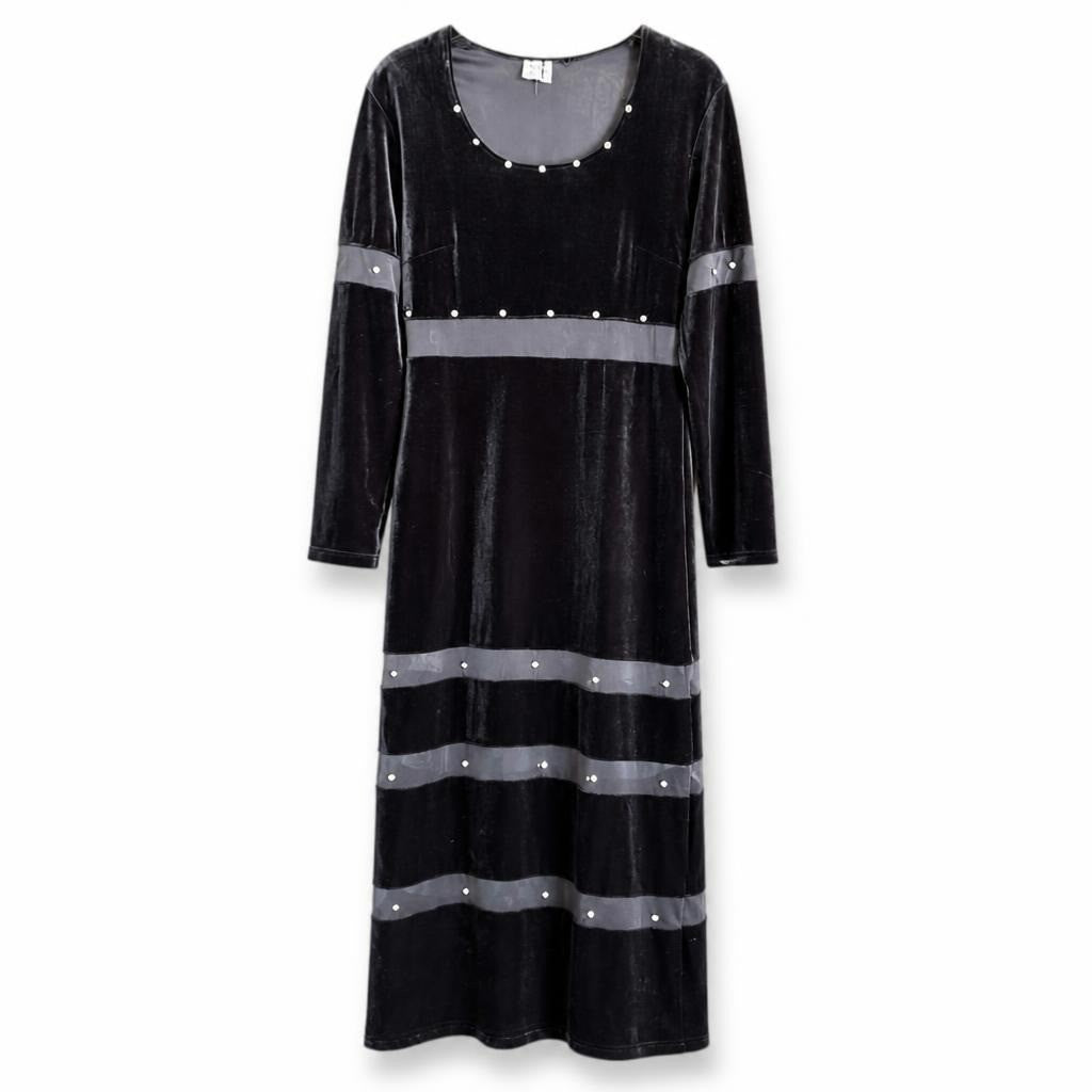 Black Velvet Pearl-trim Long Dress, New W/tags - pre-loved at Why Go Less, Lebanon