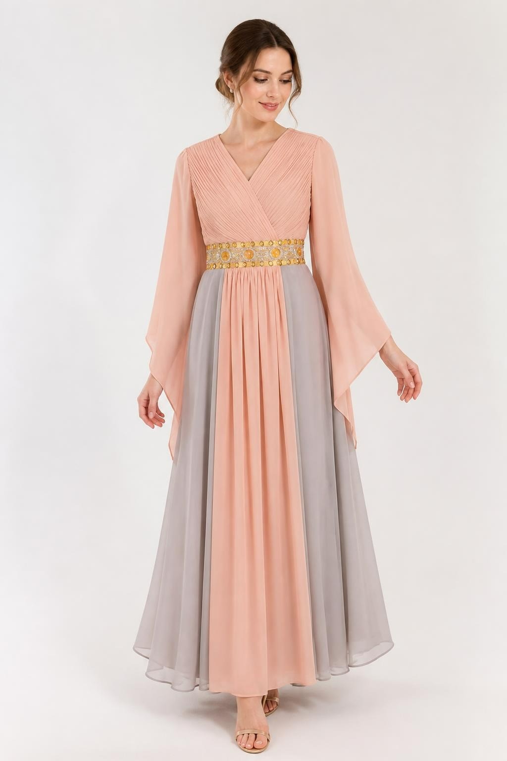 Pink & Grey Pleated Maxi Dress, Gold Embellished Belt - pre-loved at Why Go Less, Lebanon