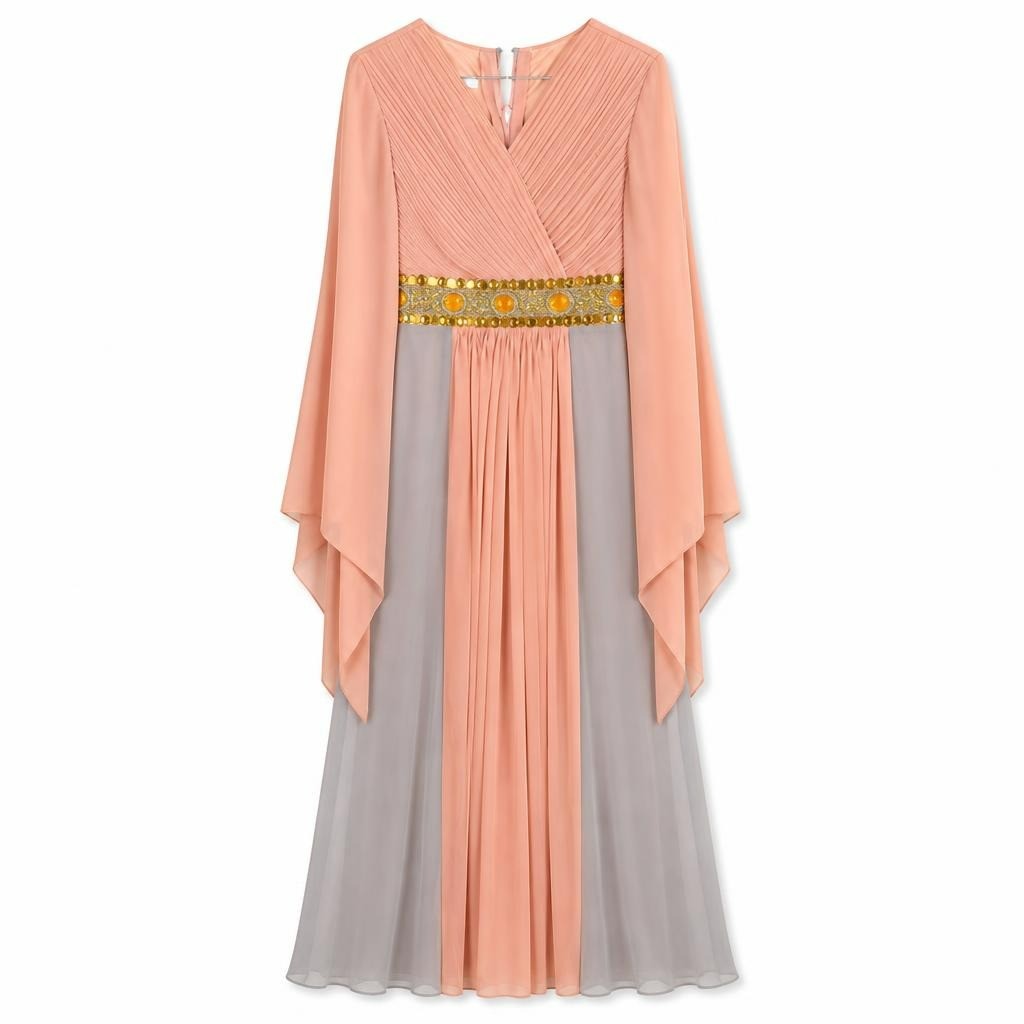 Pink & Grey Pleated Maxi Dress, Gold Embellished Belt - pre-loved at Why Go Less, Lebanon