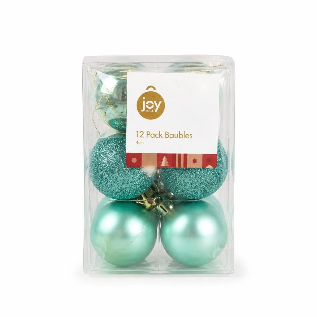 Joy 12-pack Teal Christmas Baubles Ornaments - new at Why Go Less, Lebanon