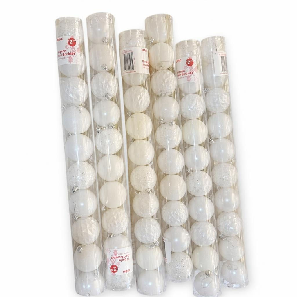 White Christmas Baubles Tube Pack - 10 Balls - new at Why Go Less, Lebanon
