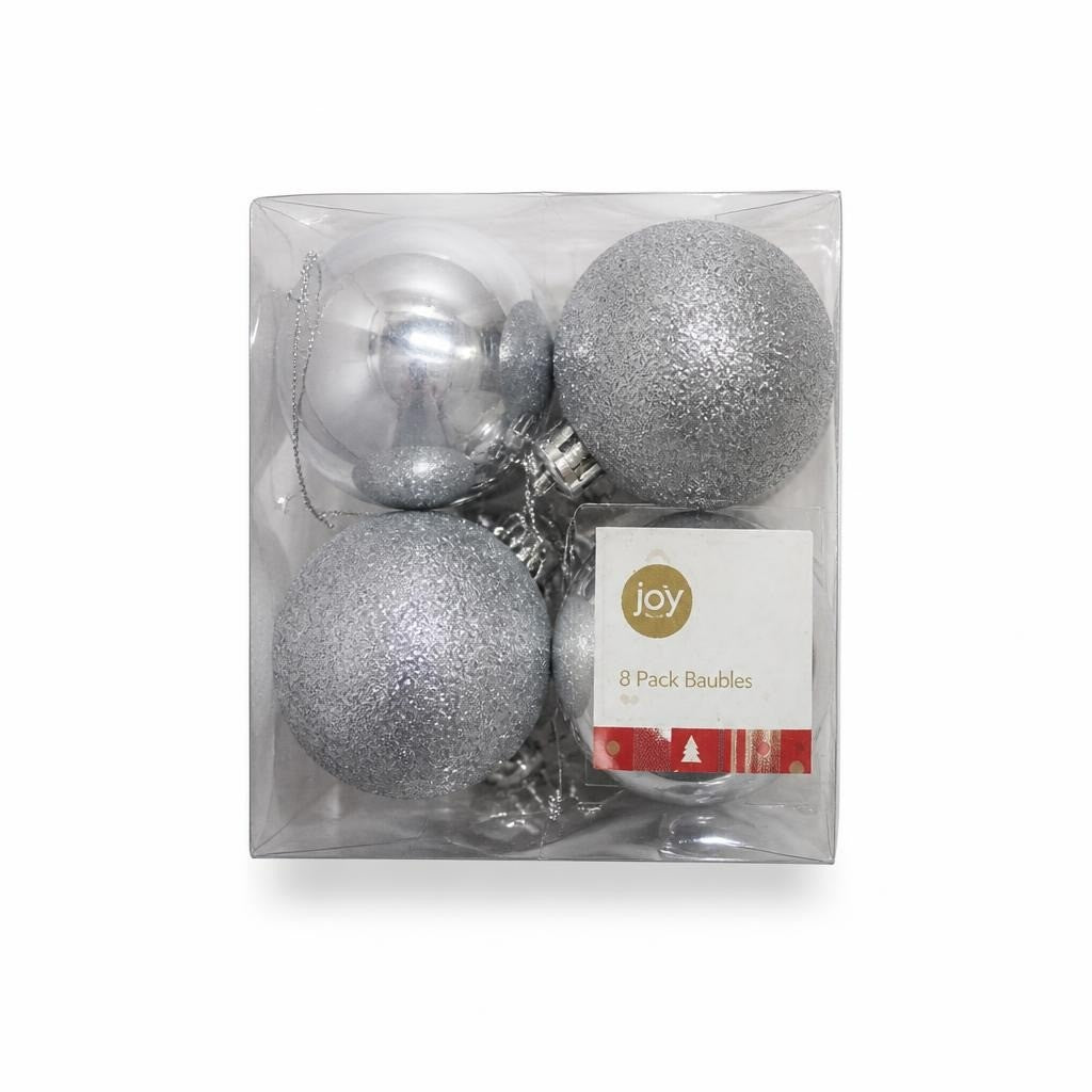 Joy Silver Glitter Christmas Baubles 8-pack Box - pre-loved at Why Go Less, Lebanon