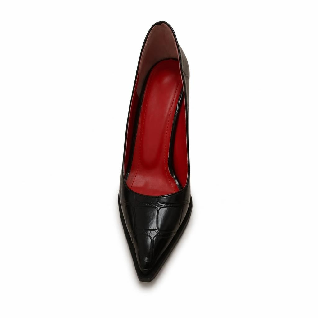 Black Croc-embossed Pointed-toe Pumps Red Insole - pre-loved at Why Go Less, Lebanon
