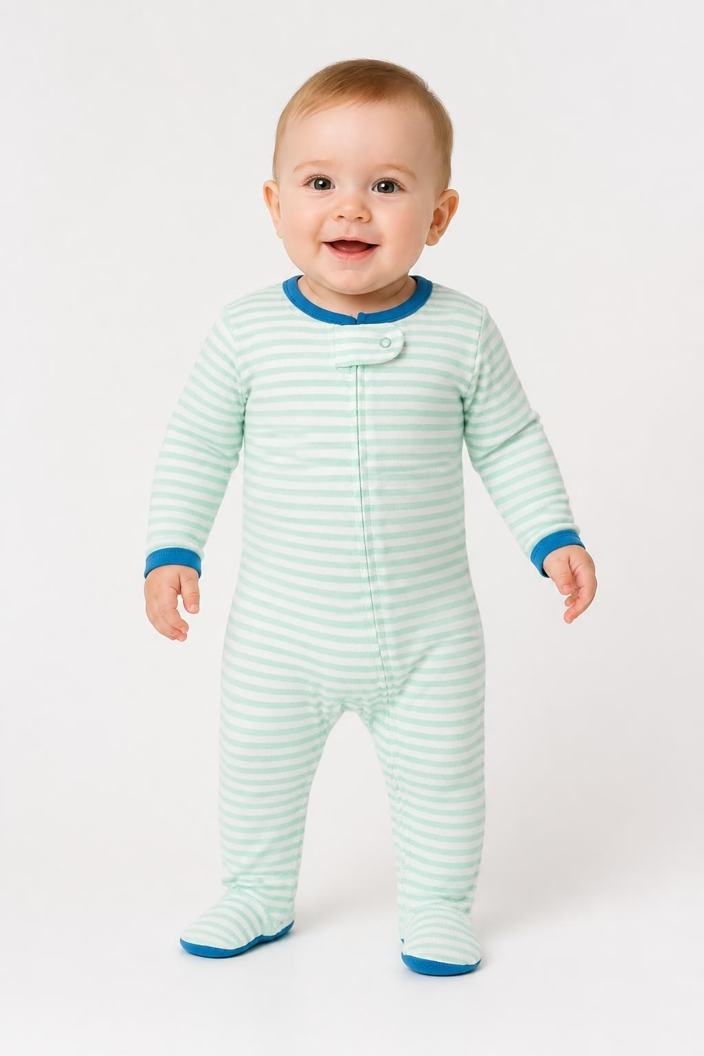 Striped Mint Green Footed Baby Sleepsuit - pre-loved at Why Go Less, Lebanon