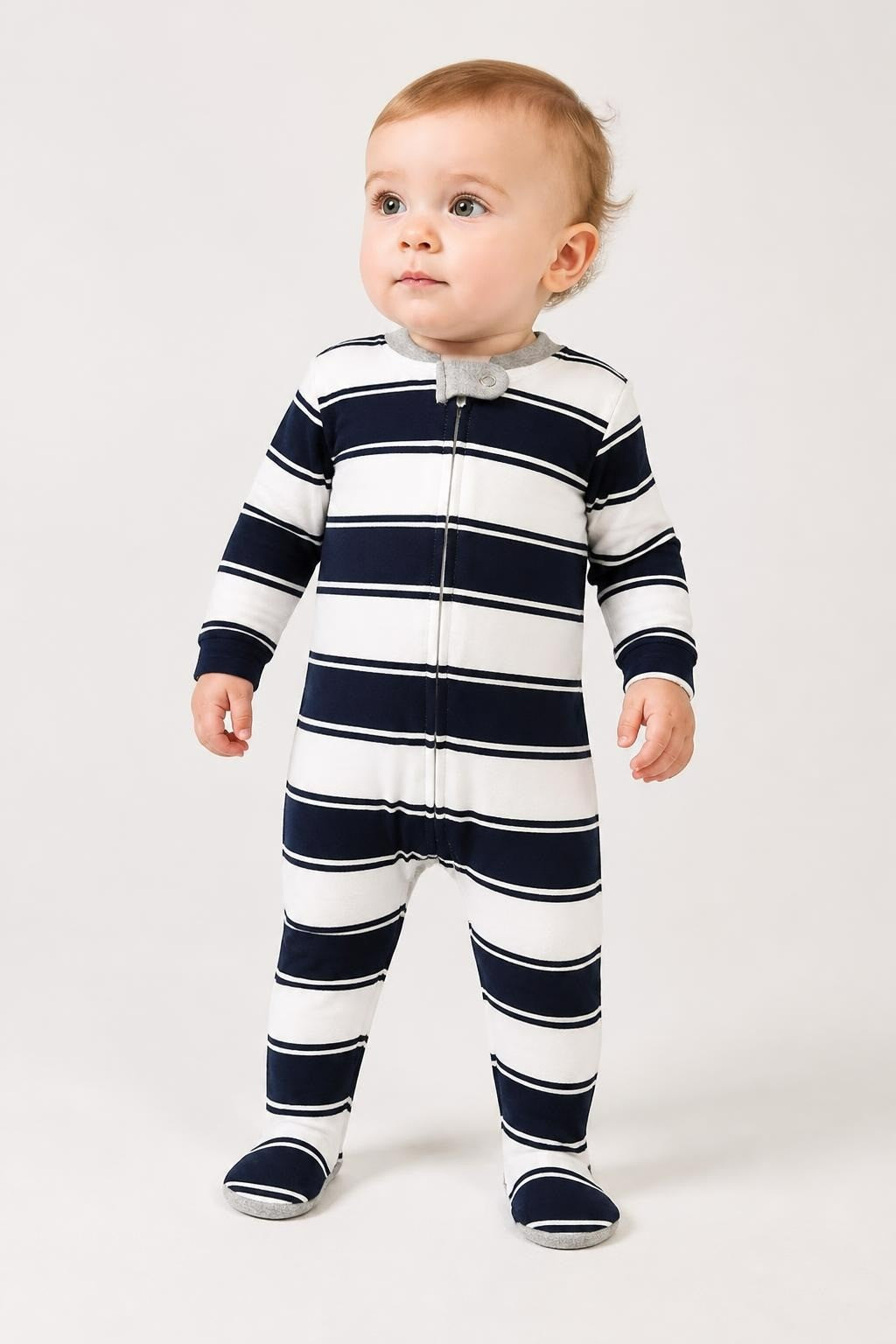 Navy White Striped Footed Baby Sleepsuit NWT - pre-loved at Why Go Less, Lebanon