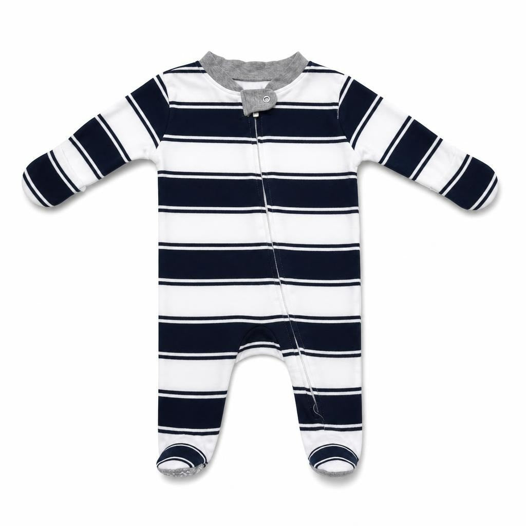 Navy White Striped Footed Baby Sleepsuit NWT - pre-loved at Why Go Less, Lebanon