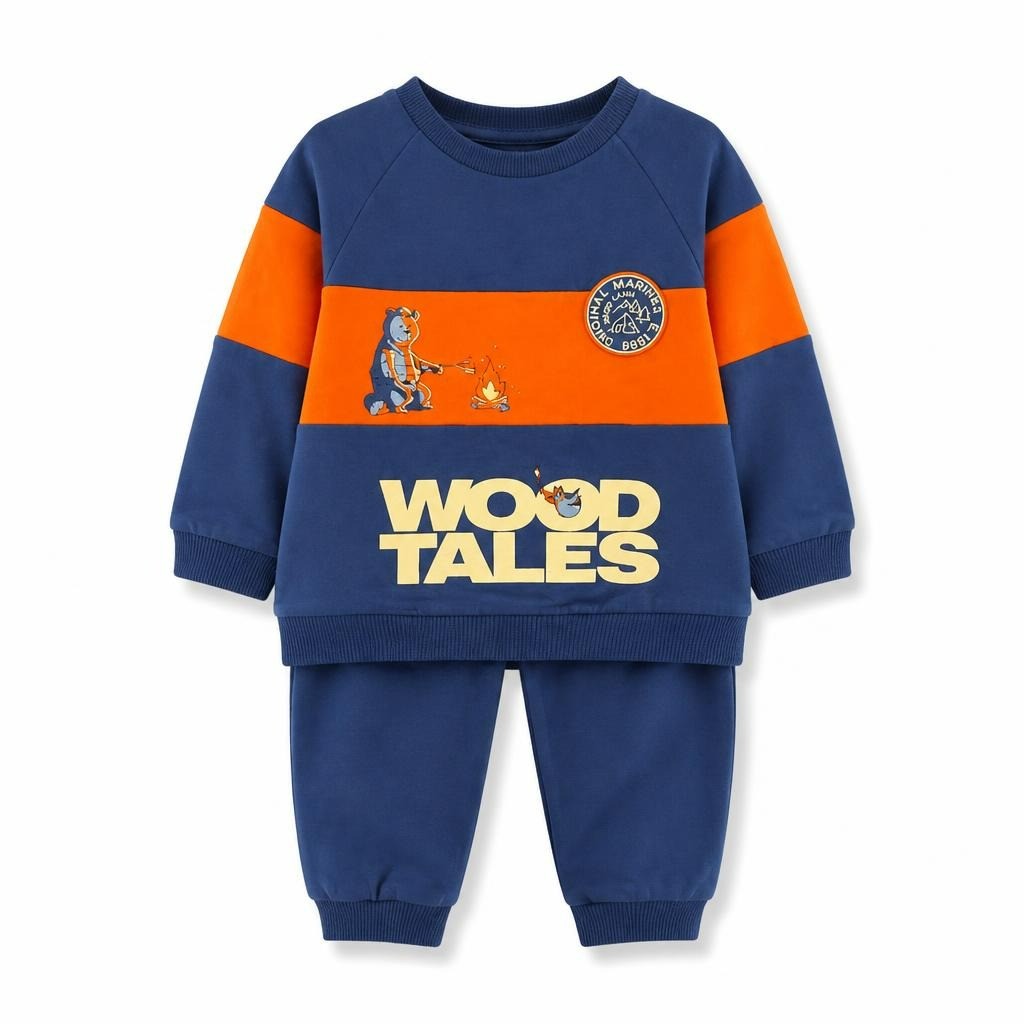 Wood Tales Kids Sweatsuit Set Blue Orange - pre-loved at Why Go Less, Lebanon