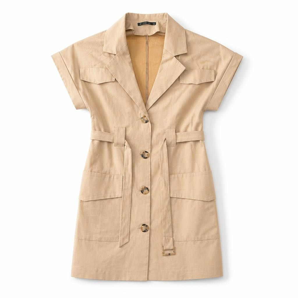 Khaki Sleeveless Belted Safari Dress - pre-loved at Why Go Less, Lebanon