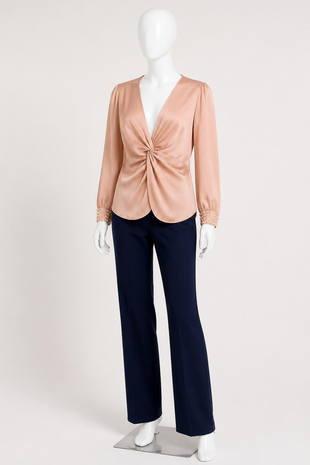 Blush Pink Twist-back Satin Blouse W/ Pearl Cuffs - pre-loved at Why Go Less, Lebanon