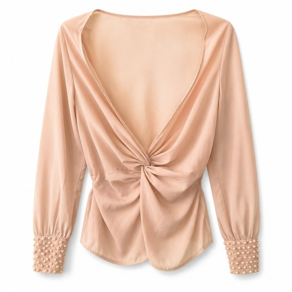 Blush Pink Twist-back Satin Blouse W/ Pearl Cuffs - pre-loved at Why Go Less, Lebanon