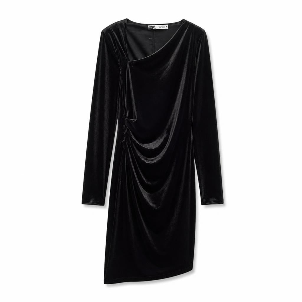 Zara Black Velvet Ruched Long-sleeve Mini Dress - pre-loved at Why Go Less, Lebanon