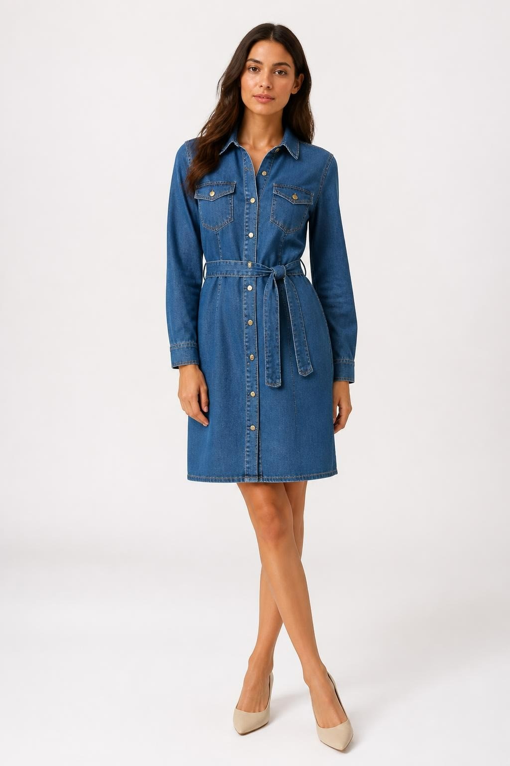 Denim Button-down Belted Shirt Dress Gold Snaps - pre-loved at Why Go Less, Lebanon
